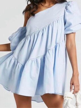 Altar’d State One-Shoulder Light Blue Tiered Mini Dress with puffy sleeves